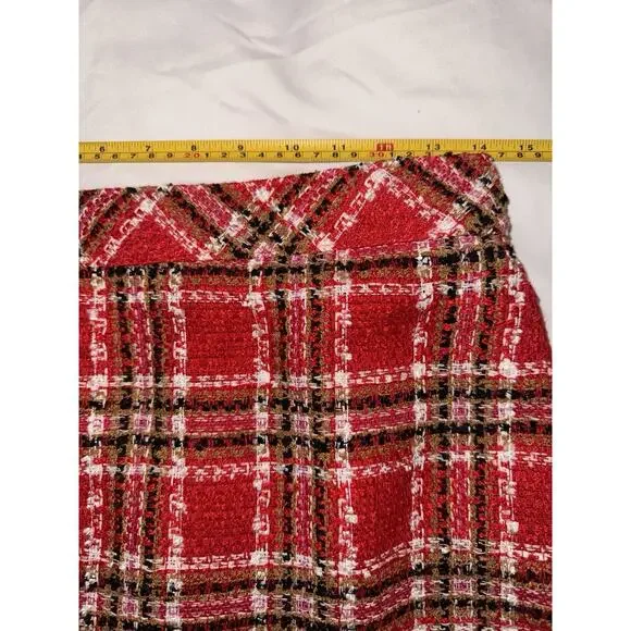Ann Taylor Plaid Fringe Tweed Skirt Classic Red 578511 Sz 4 Top Of Knee NWOT - Picture 12 of 16